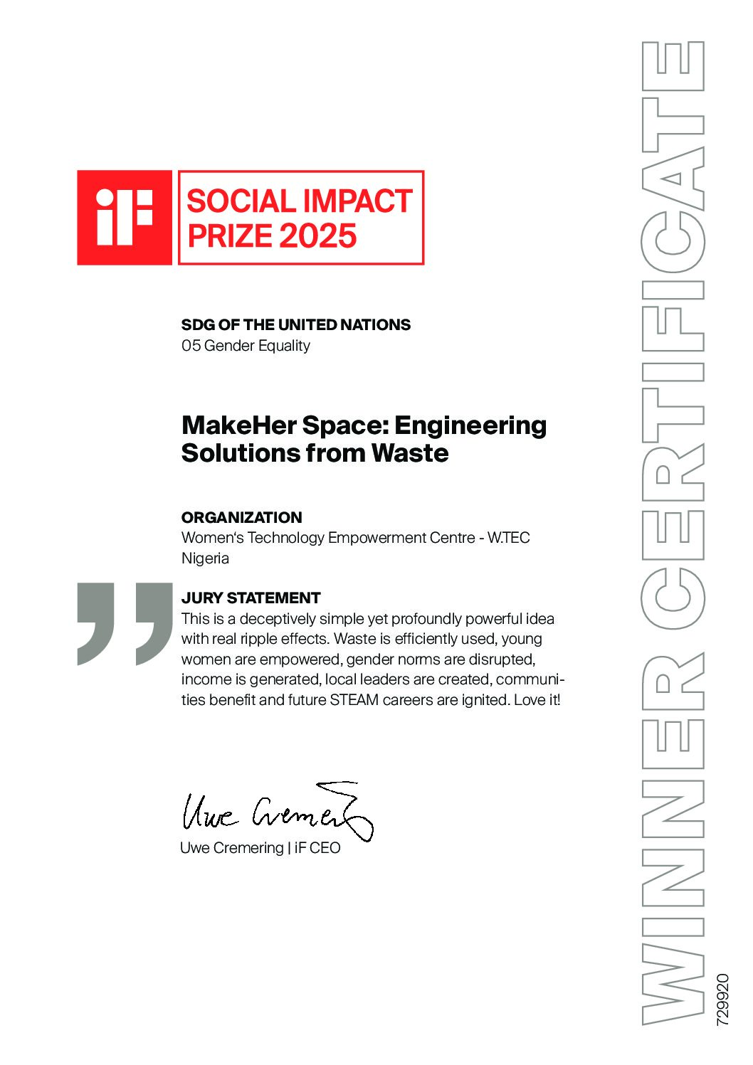 W.TEC wins iF Social Impact Prize 2025